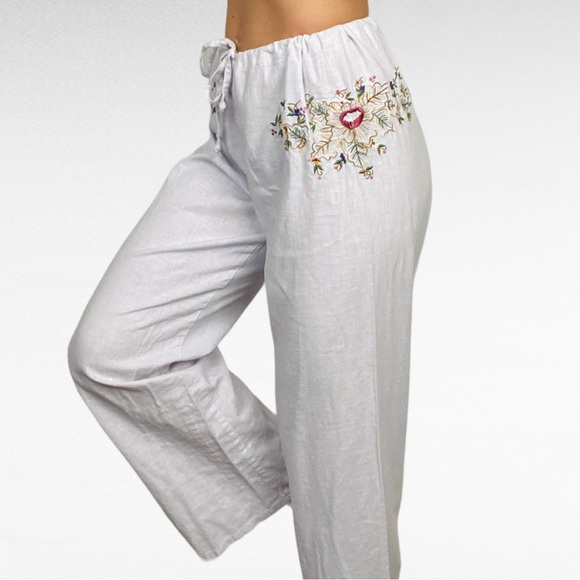 VINTAGE | BONGO Cotton White Linen Blend Embroidered Coastal Drawstring Pants - Picture 3 of 11